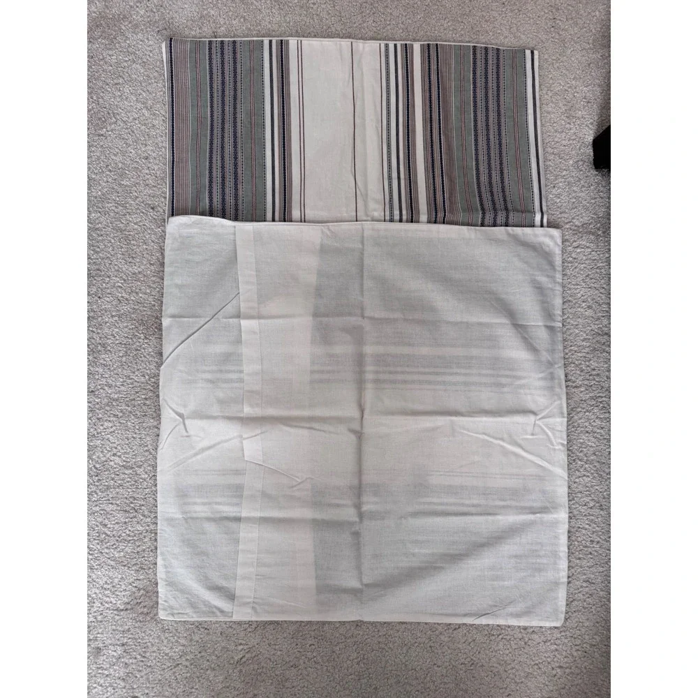 Pottery Barn Organic Cotton Striped Duvet Cover Set 2 Euro Shams Cream Sage Navy